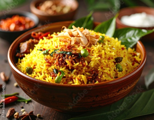 Aromatic rice dish, vibrant yellow, in a rustic bowl, garnished with coconut flakes and herbs.  Surrounding are various spices and condiments