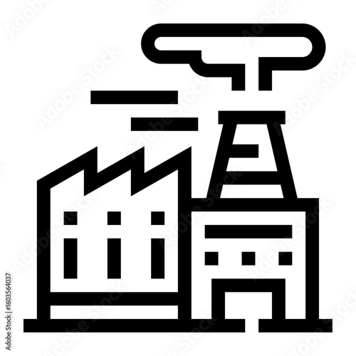 Icono de fábrica. Edificio industrial con chimeneas expulsando vapor. Industria productiva, procesos y desarrollo. Ilustración vectorial