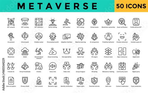 Metaverse icons set with nft artwork, nft minting, nft collection, rarity ranking, nft auction, nft trading, virtual assets, blockchain ownership, asset verification icon. Simple line vector 
