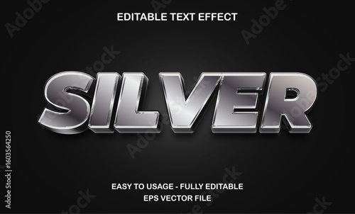 Silver text, editable text effect with chrome silver 3d metallic style