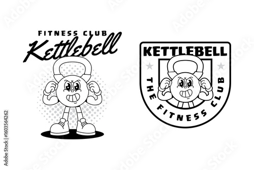 Kettlebell fitness line art mascot retro cartoon character with showing both arm muscles for fitness gym bodybuilding sport club mascots and merchandise. Strong kettlebell mascot illustration set.