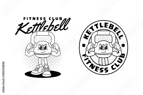 Kettlebell line art vintage mascot cartoon illustration with showing both arm muscles for fitness, gym, bodybuilding. Strong kettlebell character badge logo design pack. Fitness logo with kettlebell