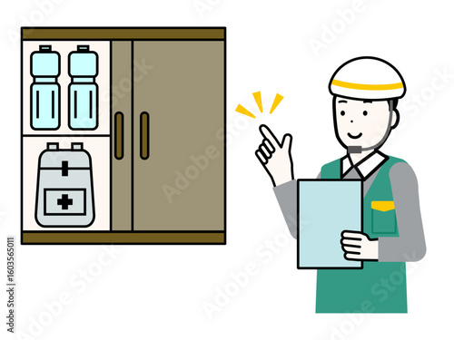 防災倉庫の備蓄品の確認をする防災士の若い男性のイラストと防災グッズの線画アイコンセット