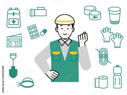 やる気にあふれてガッツポーズをする防災士の若い男性と、防災グッズのアイコンセットのイラスト