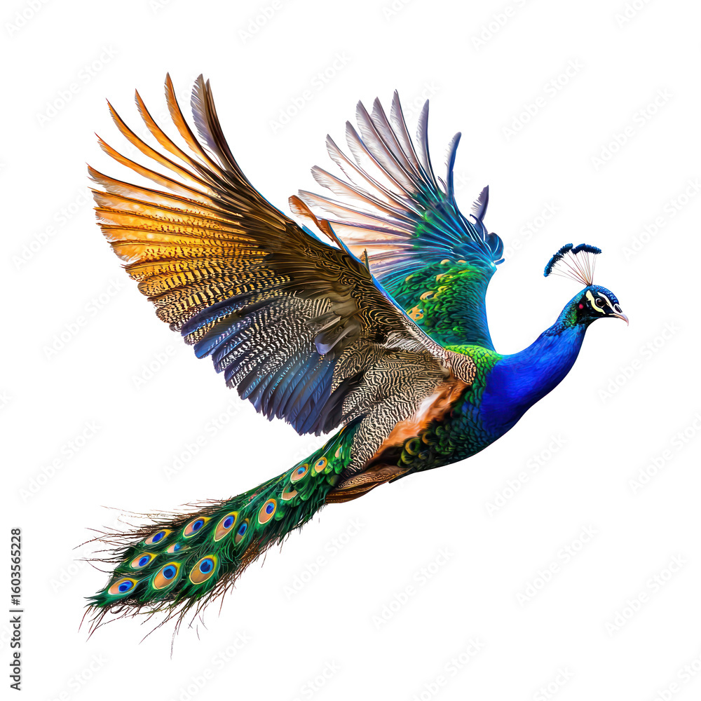 Fototapeta premium Peacock flying A peacock takes flight, with wings extended and tail feathers trailing behind. full length isolate on transparent background