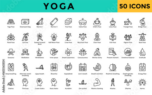 Yoga icons set with yoga mat, yoga block, yoga strap, bolster, blanket, eye pillow, meditation cushion, incense, singing bowl, essential oils icon. Simple line vector 
