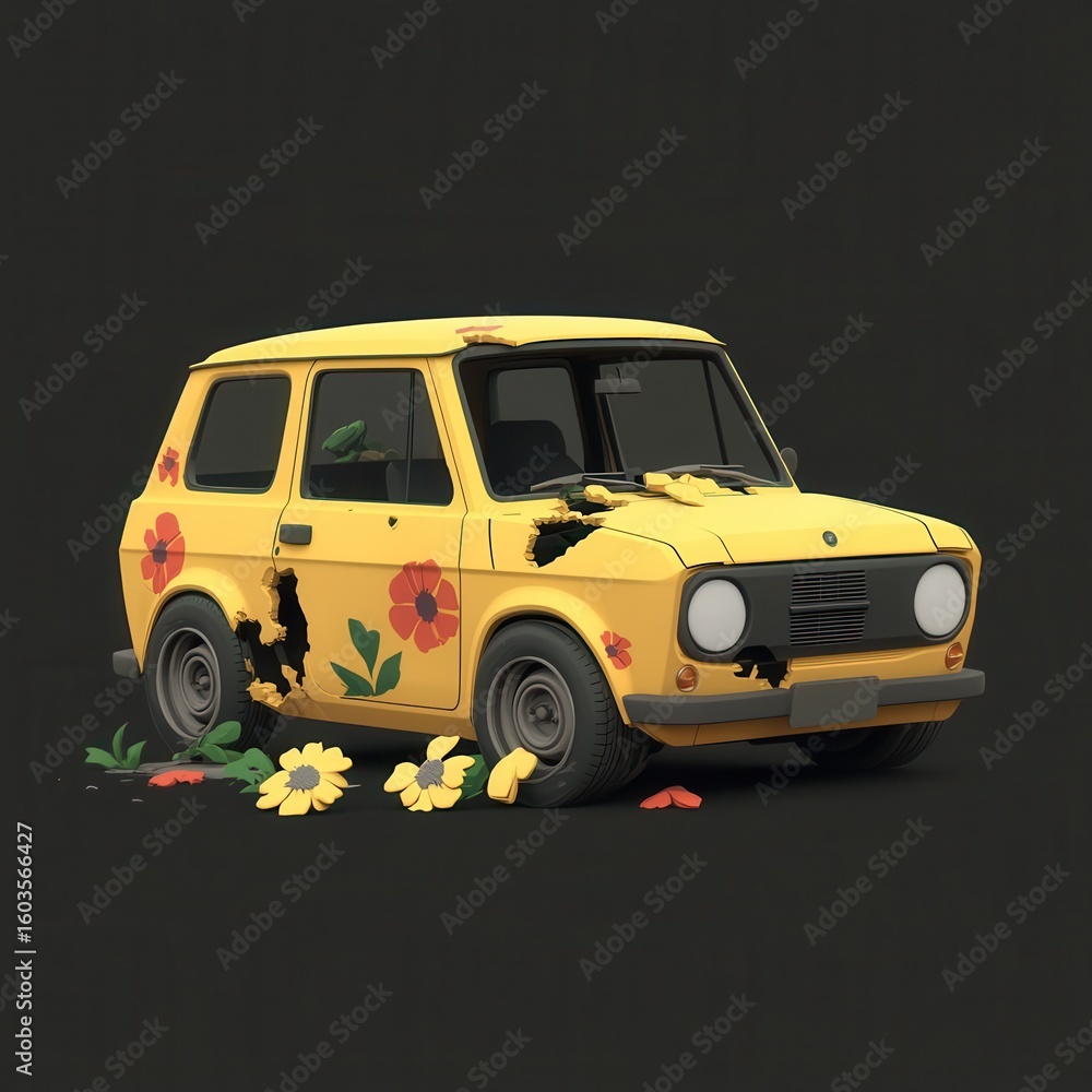 Obraz premium Damaged Yellow Vintage Car with Floral Decals Low Poly 3D Render