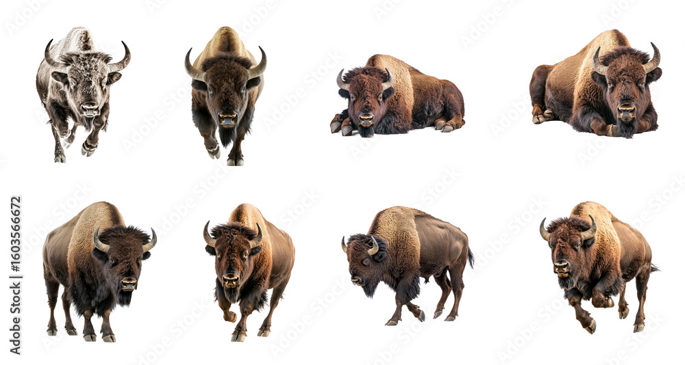 Obraz premium Collection of Bison charging A bison lowers its head and charges forward in a display of strength. full length isolate on transparent background