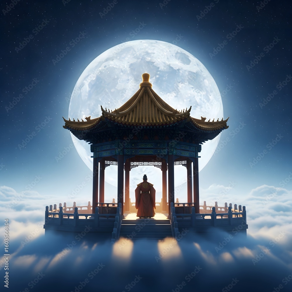 Obraz premium Majestic Chinese Pavilion on Clouds with Full Moon and Emperor