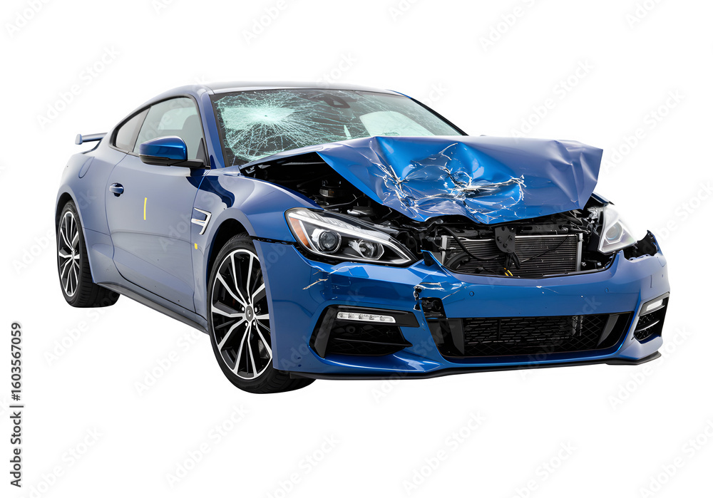 Naklejka premium Modern blue car showing extensive damage after crash isolated on white or transparent background. PNG