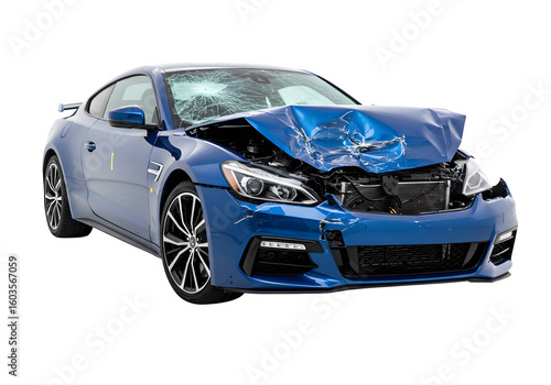 Modern blue car showing extensive damage after crash isolated on white or transparent background. PNG