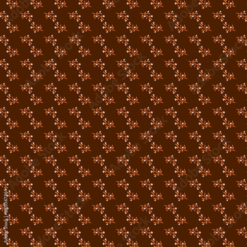 Rustical design Modest spring small floral diagonal pattern White-orange tiny flowers isolated on a dark chocolate brown background Decorative styled florals small scale print
