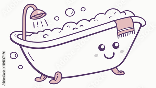 Cute bathtub with bubbles and shower head vector illustration for bathroom decor and relaxation design