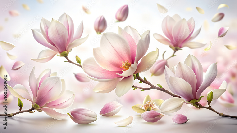 Obraz premium Photo of elegant magnolia flowers in soft pink and white hues blooming gracefully against a dreamy blurred background