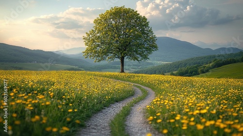 A winding path through a field of yellow flowers, leading to a solitary tree in a scenic landscape.