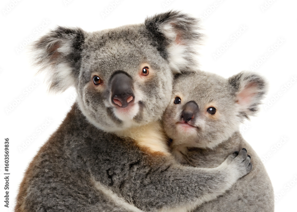 Fototapeta premium A close up of a mother koala hugging her baby koala against a plain white studio background image