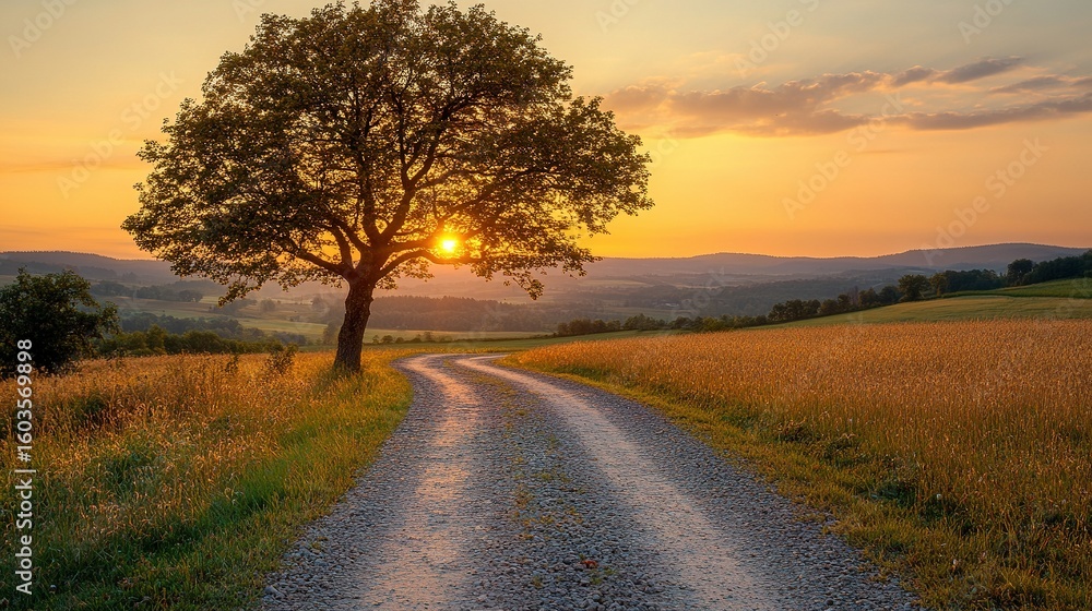 Fototapeta premium A country lane leads through a golden field at sunset.