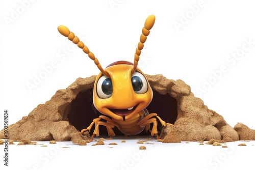 Termite burrowing 3d cartoon character on white background