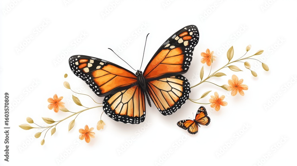Fototapeta premium A vintage whimsical illustration of a Monarch butterfly flying with outstretched wings, rendered in intricate textile design style with delicate ornamental patterns, isolated on white background