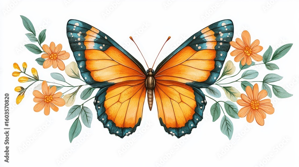 Obraz premium A vintage whimsical illustration of a Monarch butterfly flying with outstretched wings, rendered in intricate textile design style with delicate ornamental patterns, isolated on white background