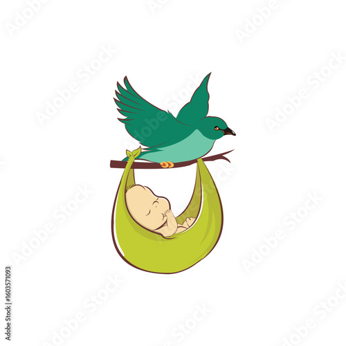 vector of a sleeping baby being carried by a bird
