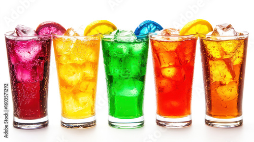 A colorful array of iced drinks with ice cubes and fruit slices in tall glasses, arranged in a row against a white background.