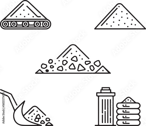 Industrial Mineral Aggregate Line Icons – Transported Gravel, Filtered Sand, Bulk Material Piles, Mining Fragments, and Loaders