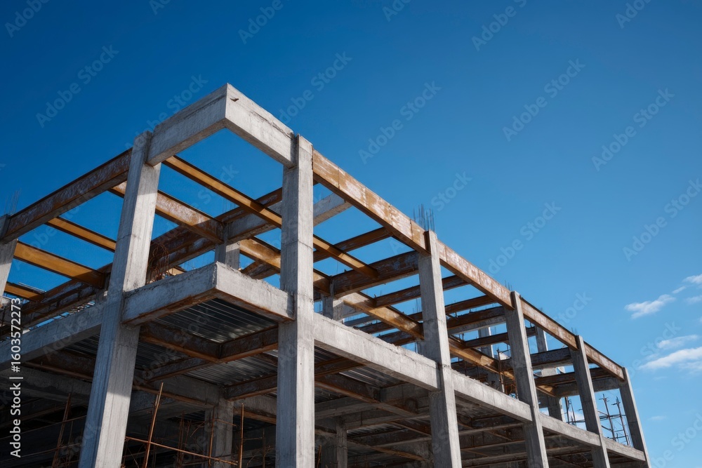 A building framework of concrete and steel under a blue sky A building framework of concrete and steel under a blue sky