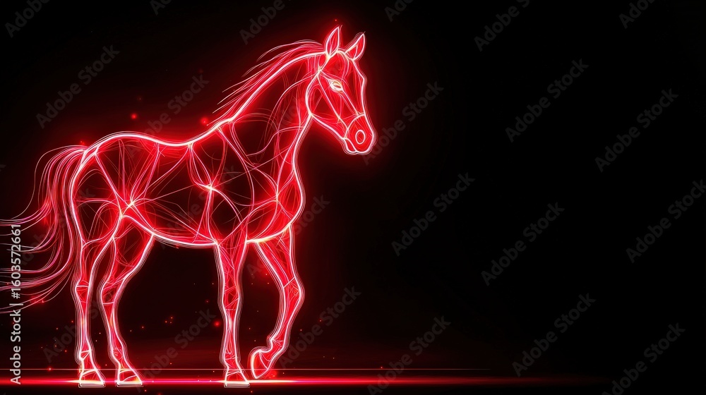Contemporary neon red line illustration of a horse outline over black background, modern minimalist design with empty space, clean and vivid lighting effect. Contemporary neon red line illustration of a horse outline over black background, modern minimalist design with empty space, clean and vivid lighting effect.