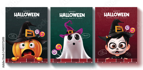 Halloween characters vector poster set design. Happy halloween greeting text with pumpkins, sorcerer and ghost characters for holiday season party invitation card template collection. Vector 
