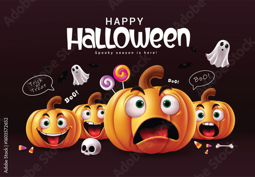 Halloween pumpkins characters vector banner design. Happy halloween greeting text with cute pumpkins character in spooky season red background. Vector illustration trick or treat banner design.  
