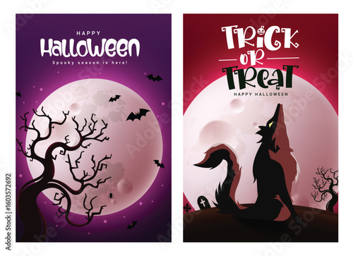 Halloween trick or treat vector poster set design. Happy halloween greeting card with silhouette tree, wolf and bat elements in full moon spooky night background. Vector illustration holiday party 