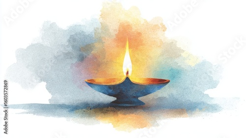 A glowing oil lamp with a bright flame illuminates a serene, colorful background in a soft watercolor style.