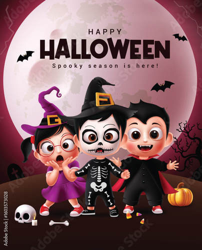 Halloween kids characters vector design. Happy halloween greeting text with cute witch girl, scary sorcerer and vampire boy costume character in night full moon background. Vector illustration horror 