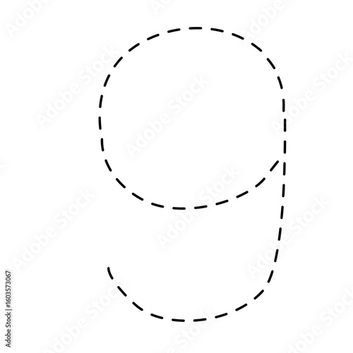 Number nine in dashed line format for children’s number tracing practice, printable for use in kindergarten or early math lessons.

