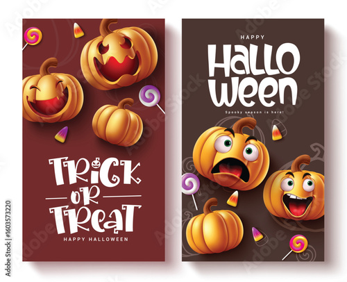 Trick or treat tags vector set poster design. Happy halloween greeting text with funny and scary facial expressions lantern pumpkins for holiday invitation card collection. Vector illustration horror 