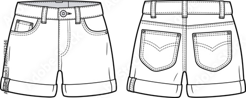 Flat vector CAD drawing of stylish denim shorts front and back view for fashion illustration, garment design, apparel manufacturing use