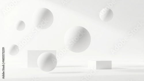 Abstract Geometry 3D Minimalist Composition White Background Spheres Cubes Floating