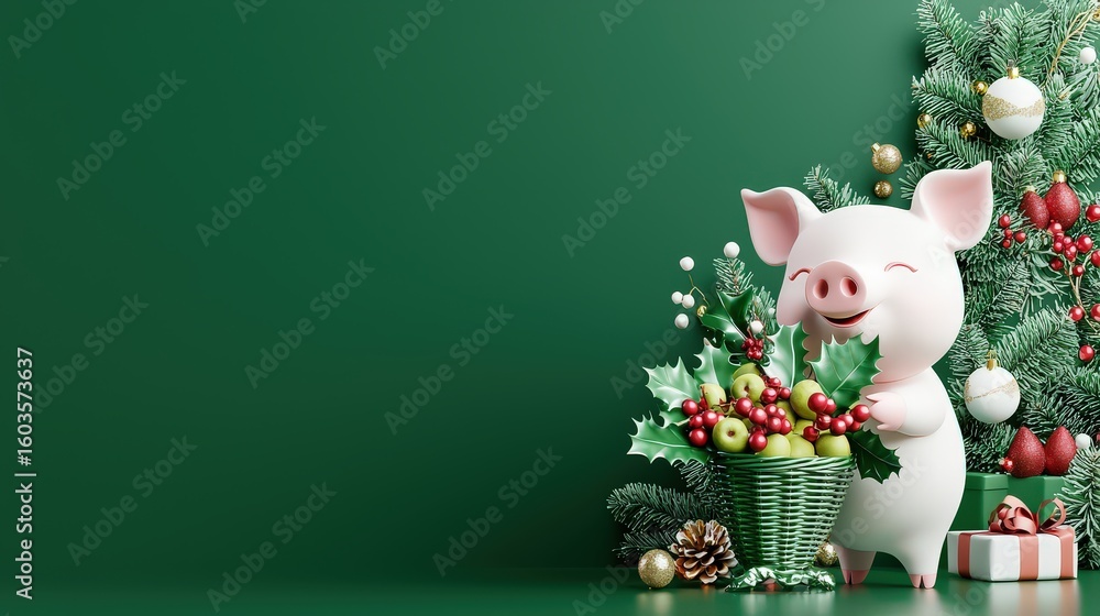 Fototapeta premium Elegant mezzotint 3D illustration of a sweet white pastel pig character carrying a festive holly fruit basket, Christmas theme, icon isolated on a deep green background