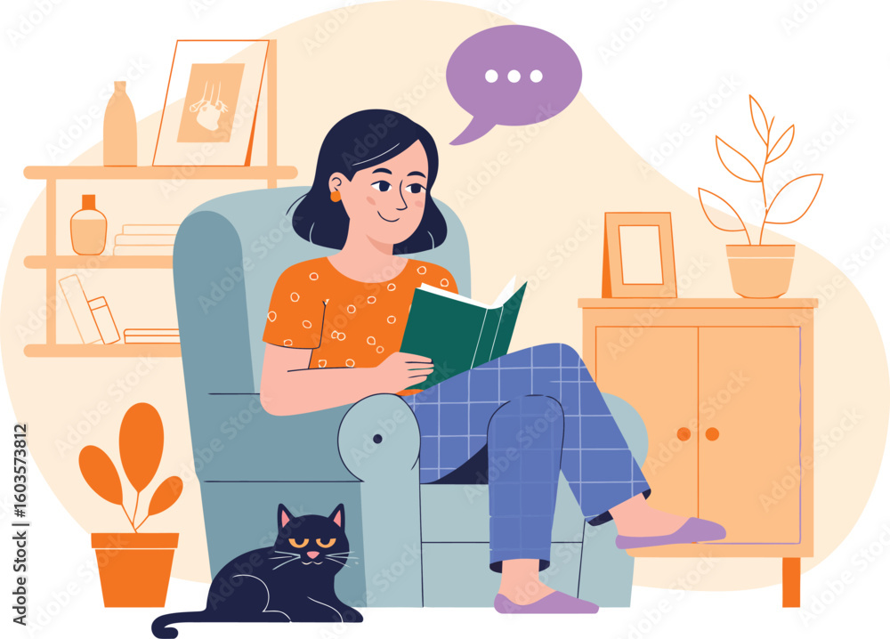 Fototapeta premium Woman reading a book in an armchair with a cat illustration.