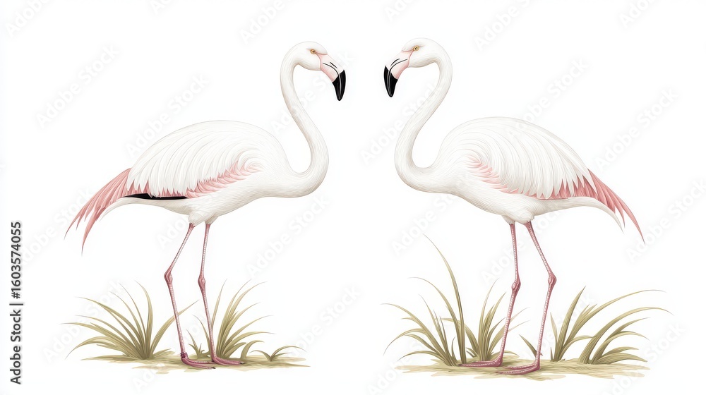 Obraz premium Elegant mezzotint engraving of two flamingos side by side, rich strong grain texture, outdoor natural setting in textile design style, perfect for bird watching themes