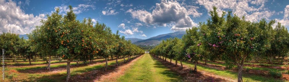 Fototapeta premium A panoramic view of a sunny orchard with rows of fruit trees bearing ripe fruit under a partly cloudy blue sky.