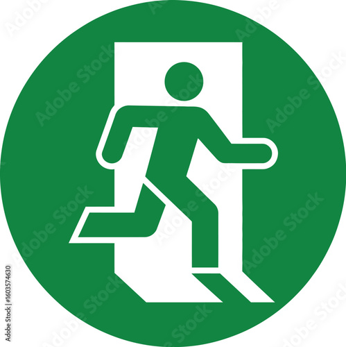 Green emergency exit sign shows a running man escaping to safety.