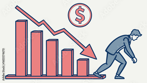 Financial crisis concept showing market decline with falling graph and businessman in recession, dollar sign