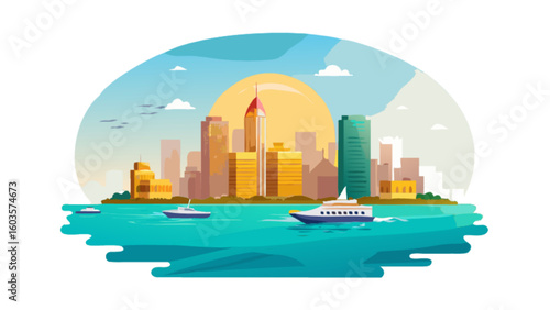 Cityscape skyline illustration with boats and skyscrapers at sunset urban scene vector graphic design