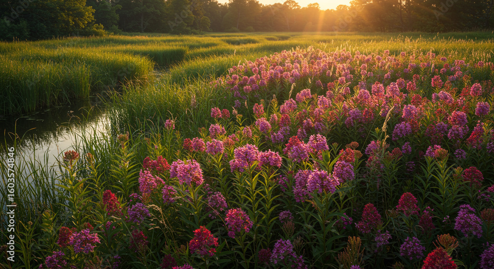 Obraz premium Swamp milkweed blooming by a serene marsh stream at golden hour