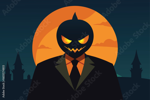 Pumpkin patch with haunted scarecrow vector illustration