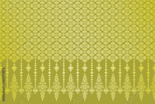 Ornamental Thai ethnic pattern with golden olive gradient crafted for wallpaper, invitation, or web use , Thai golden motif in olive green for textile product, fashion