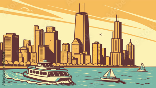 Chicago skyline illustration with boats on lake michigan and city buildings in the background art style