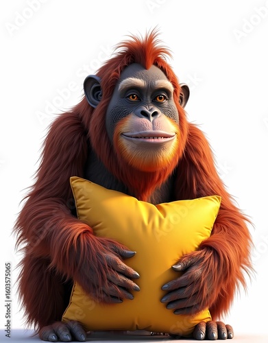 Illustration of an orangutan holding a yellow pillow with a sleepy expression. Isolated on a white background.